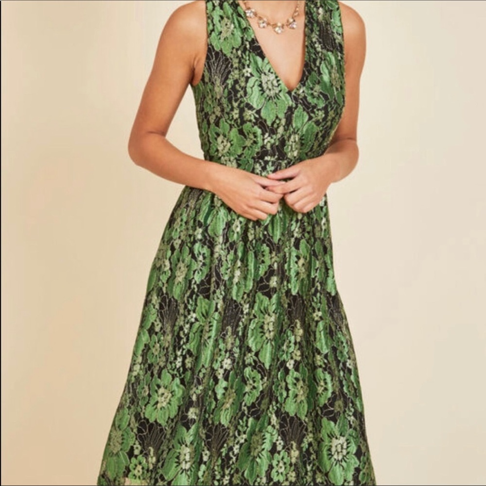 ModCloth Green and Gold Lace midi dress